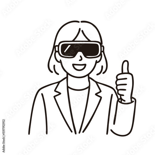 Businesswoman wearing AR glasses giving thumbs-up, minimal line art illustration