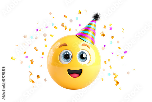 Happy Yellow Emoji Wearing Party Hat Surrounded by Confetti