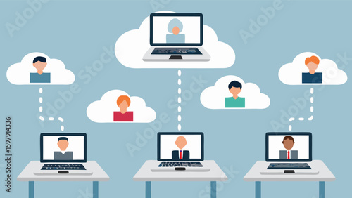 Illustration of a cloud based video conferencing system with multiple participants and laptops online