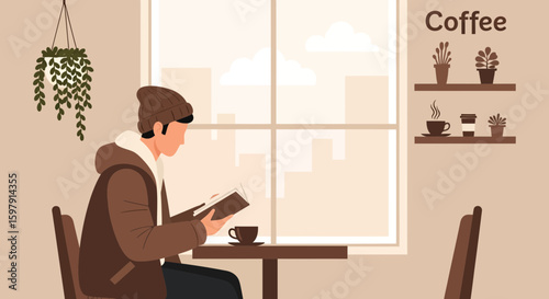 A Cozy Morning Reading Session With Coffee In A Cafe By The Window