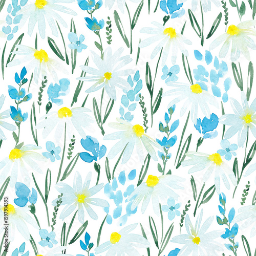 Chamomile seamless pattern hand drawn with watercolor. Cute floral pattern with abstract daisy flowers. Bright summer design for surface, packaging, textile, fabric