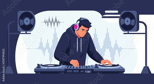 Concentrated Dj Creating Dynamic Beats Mixing Sounds At His Turntable