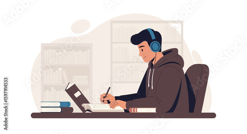 Concentrated Student Absorbing Knowledge In Library With Headphones On