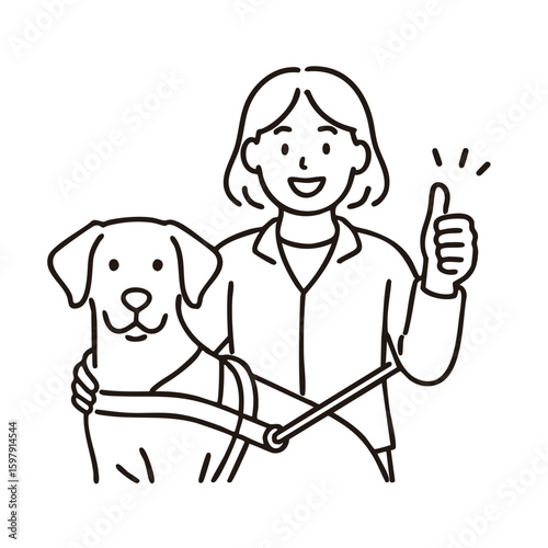 Guide‑dog handler woman giving thumbs‑up, minimal line art illustration