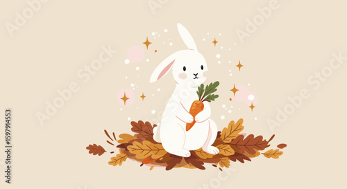 Cute white rabbit holding a carrot surrounded by autumn leaves  