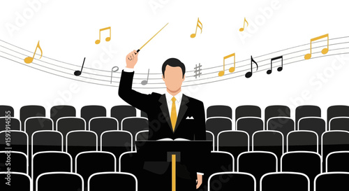 Conducting Orchestra Illustration Featuring Music Notes And Empty Audience Seating
