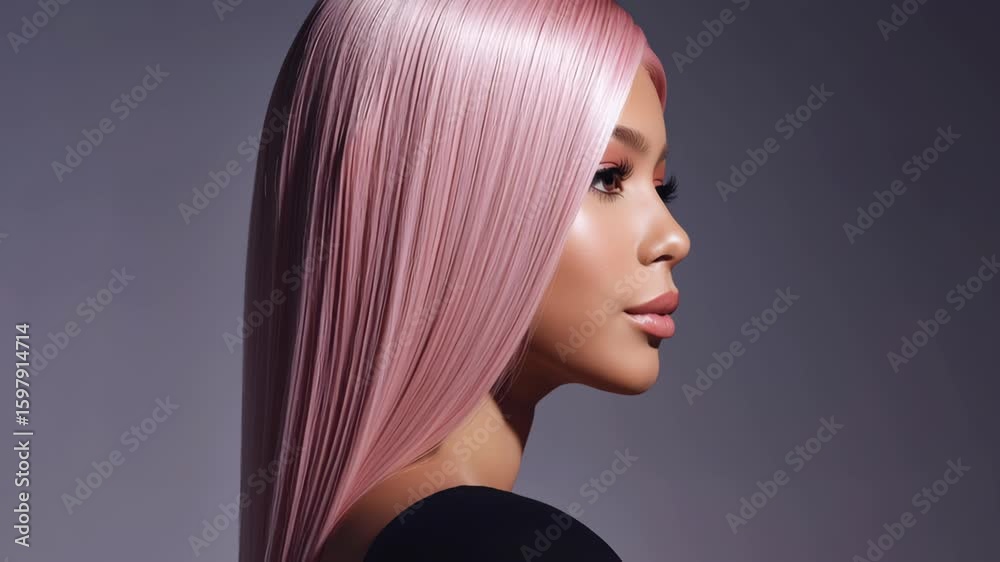 woman with long straight pink hair and smooth skin posing profile with closed eyes and calm expression in 4K Beauty Editorial Lighting