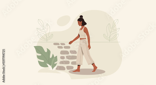 Carefree Woman Strolling Through a Serene Garden Path in Peaceful Contemplation