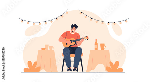 Acoustic Serenade: A Relaxed Evening With Music And Beverages Under String Lights