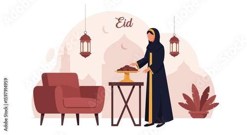 Eid Celebration: Muslim Woman Preparing Dates for Festive Gathering