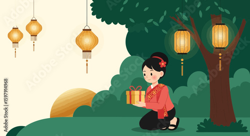Cartoon Asian Girl Holding Gift Under Glowing Lanterns At Night