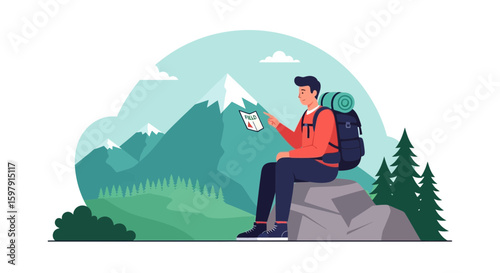 Confused Hiker Reads a Map While Backpacking In The Mountains During Daytime