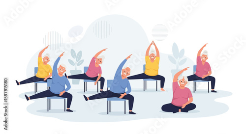 Active Seniors Enjoying Gentle Chair Yoga Class For Flexibility And Wellbeing