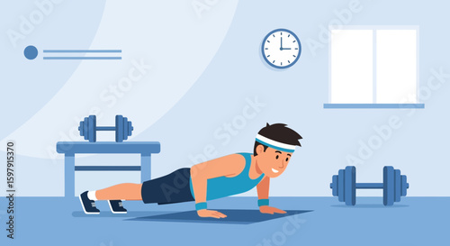 Energetic Man Does Pushups At Home Strengthening Muscles With Dumbbells