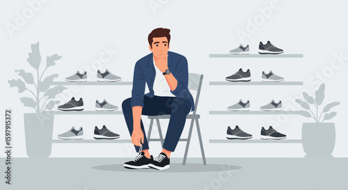 Contemplative Man Choosing Sneakers From Abundant Footwear Selection In Modern Store