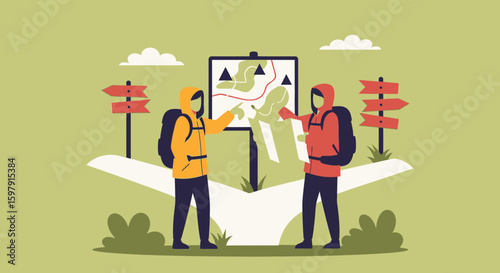 Adventure Awaits Two Hikers Planning Their Route Using Map In Nature