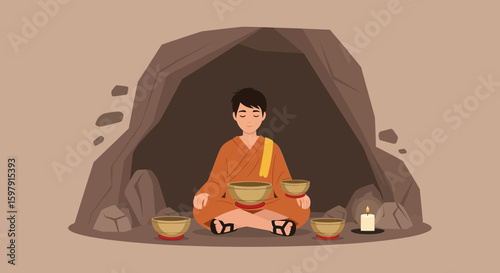 Contemplative Monk Meditating In Cave Surrounded By Bowls With Candle Light