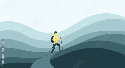 Adventurer Exploring Unexplored Terrain Climbing Wavy Mountains Graphic Art