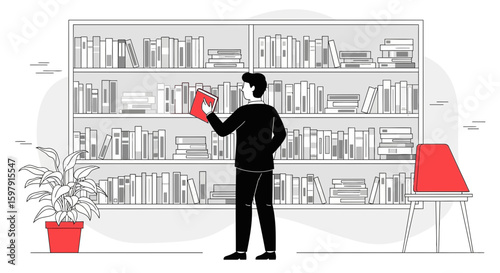 Contemplative Reader Choosing A Novel From Library Bookshelves In Minimalist Style