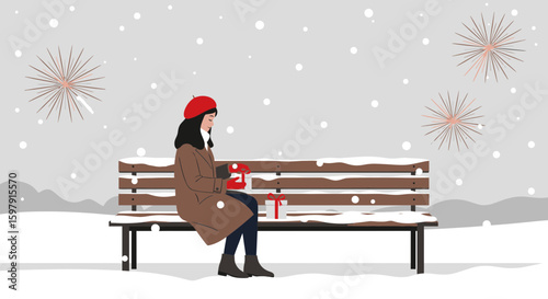 Contemplative Woman With Gifts On Park Bench During Winter Holidays