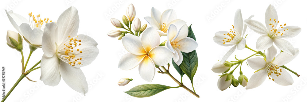 Fototapeta premium Set of white jasmine flower isolated on a transparent background