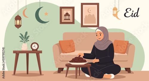 Eid Mubarak Illustration Of Woman Enjoying Dates At Home Celebration