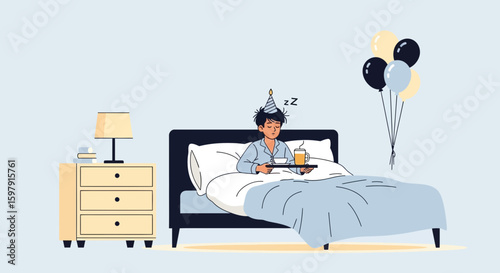 Cartoon Young Man Sleeping In Bed After A Birthday Party With Balloons