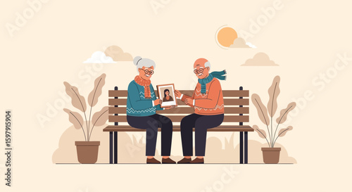 Elderly Couple Reminiscing On Bench Holding Framed Portrait On Beige Scene