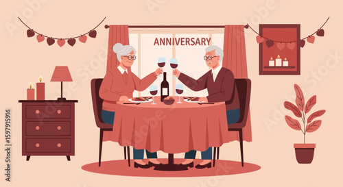 Elderly Couple Celebrating Anniversary with Festive Decorations and Red Wine Toast