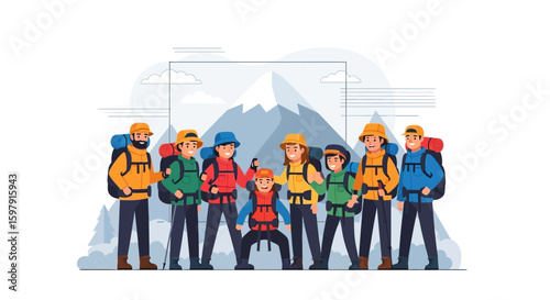 Adventurous Group Of Hikers Exploring Majestic Mountains Landscape Together With Fun