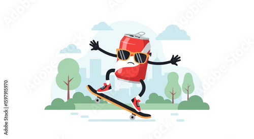 Cool Soda Can Character Riding Skateboard in a Cartoon City Park