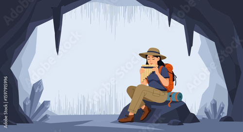 Cave Melodies A Hiker Plays The Pan Flute Inside An Ancient Cave