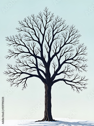A realistic depiction of a deciduous tree in winter, completely devoid of leaves
