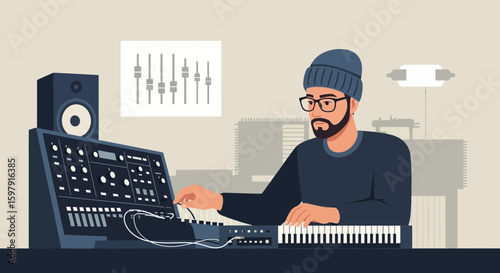 Electronic Musician Composing Melodies On Synthesizer At Home Studio Production