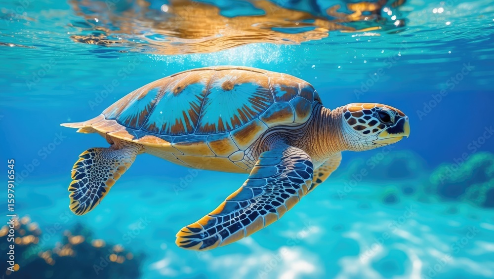 Obraz premium Sea turtle swimming underwater with vibrant blue water and sunlight reflections. Marine life and aquatic creatures. The concept of marine conservation and ocean ecology.