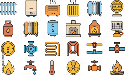 A Set of Color Line Icons for HVAC and Heating Equipment