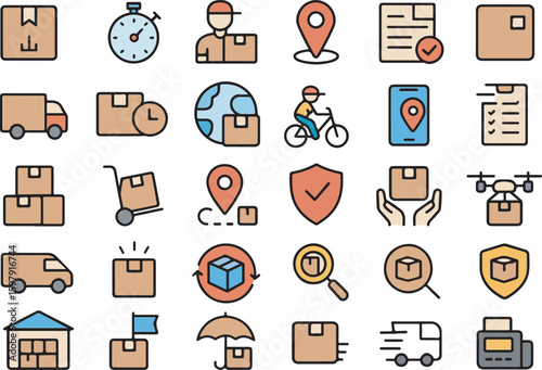 A Set of Color Line Icons for Delivery Services, Shipping, and Package Tracking