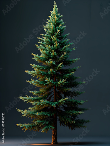 A realistic rendering of a tall, slender conifer or pine tree. Its dark green needles are densely packed, forming a conical shape.