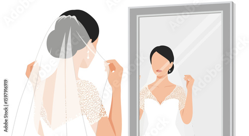 Elegant Bride Admires Herself in the Mirror on Her Wedding Day Moments
