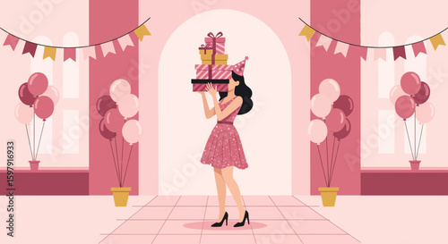 Elegant Birthday Party Celebration with Woman Holding Gifts And Festive Decorations