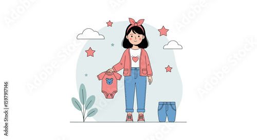 Anticipating New Arrival Young Woman Holding A Baby Onesie Preparing For Motherhood