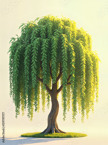 A photorealistic portrayal of a weeping willow tree, characterized by its long, slender, drooping branches that almost touch the ground