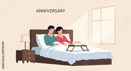 Celebrating Anniversary With Romantic Breakfast In Bed For Married Couple