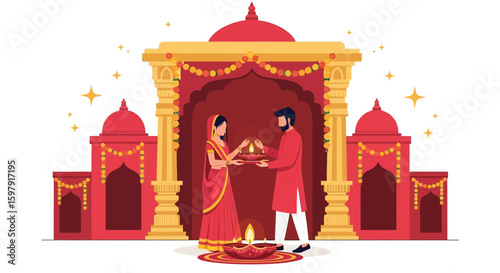 Couple Celebrating Diwali Festival Hindu Temple Festive Occasion