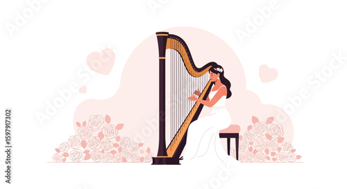 Elegant Bride Plays Harp At Her Wedding Ceremony With Floral Decoration