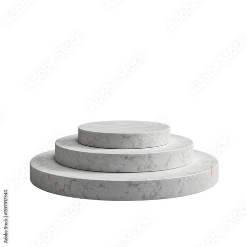 A white marble circular tiered display stand on transparent background