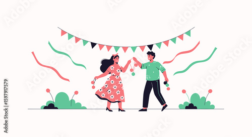 Couple Dancing At A Festive Gathering With Bunting And Streamers Illustration