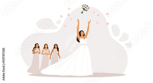 Elegant Bride Tossing Her Wedding Bouquet With Bridesmaids Waiting Expectantly