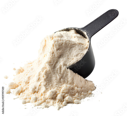 Overflowing protein scoop with scattered powder transparent background