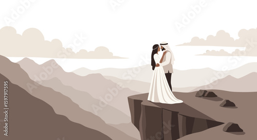 Arabian Wedding Couple Embracing On Mountain Peak With Serene Mountain View